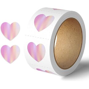 Mobiusea Creation Pink Heart Stickers Roll | 1 inch | 1000pcs Holographic Heart Stickers | Heart Stickers Bulk | Heart Stickers for Kids Heart Glitter Stickers | Heart Decals| Heart Stickers Pink