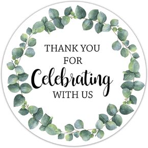Thank You for Celebrating with Us Stickers, Greenery Thank You Party Favor Stickers, Baby Shower Favors, Wedding Favors, 2-inch Round Gift Label Stickers, 50-Pack