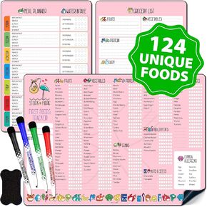 Baby First Food Tracker, Magnetic Meal Planner, Fridge Grocery Shopping List Chart (3 in 1) - Dry, Erase Menu Planners, Strong Stickiness on Refrigerator - 11.8"x8.2", Pink - Baby Led Weaning Supplies