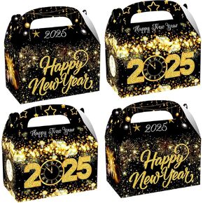 CANDY CHEF 2025 New Year Party Boxes Happy New Year Treat Boxes 12 Pieces New Years Eve Party Supplies Black and Gold New Years Goodies Boxes for Birthday Wedding Party