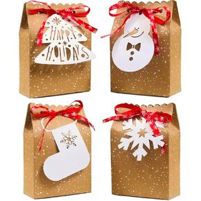 Atpxdk 24pcs Christmas Gift Bags, Assortment Kraft Holiday Gift Bags with Tags for Christmas Party Supplies, Christmas Treat Bags