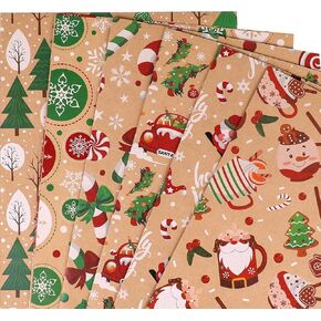 STEFORD Christmas Wrapping Paper, 12 Sheets Kraft Gift Wrap Paper Folded Flat Xmas Wrapping Sheets with Santa Claus, Car, Christmas Tree, Candy, Desserts and Snowflakes for Holiday Birthday Parties (28 X 20 In)