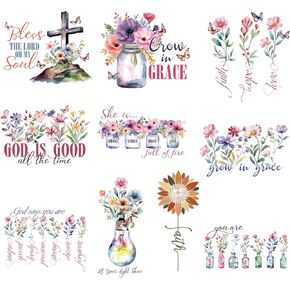 9/12Pcs,Pocket Size Jesus Vinyl Iron-on Heat Transfer Stickers, Floral Letters, God Pray Religious Themes, for DIY Clothing, T-Shirt, Mask, Jeans, Backpack (JG-11)