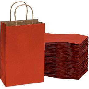 Prime Line Packaging 8x4x10 50 Pack Small Red Gift Bags with Handles, Christmas Kraft Gift Bags, Holiday Gift Wrap, Birthday, Seasonal, Shopping, Bulk