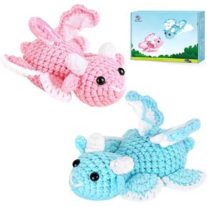 Crochet Kit for Beginners, Beginner Crochet Kit for Adults with Step-by-Step Video Tutorials, DIY Crochet Animal Kits Kids Knitting Supplies, 2 Pack Dragon Family(40%+ Yarn)