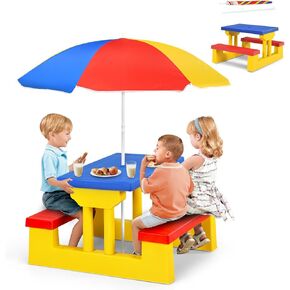 ARMILE Kids Picnic Table, Kids indoor & Outdoor Table and Bench set with Removable & Foldable Umbrella, Portable Toddler Plastic Picnic Table for Patio, Backyard, Ideal Gift for Boys Girls (Colorful)