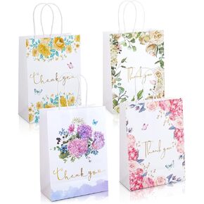 Small Thank You Gift Bags 12 Pack Floral Design Thank You Bags with Handles, 8.6" X 6.2" X 3" White Kraft Paper Bags Favor Bag Gift Bags for Small Business Wedding Bridal Shower Baby Shower