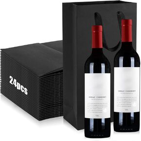 SHAIDOJIO 24 Pack Wine Gift Bags for 2 Wine Bottles, Black Wine Bag Bulk, Wine Bottles Tote Bags with Bottle Separator, Kraft Paper Wine Carrying Bags for Party, Christmas, Business, Wedding