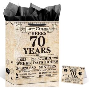 70th Birthday Gift Bag Decorations, Extra Large Happy Birthday Wrap Bags Cheers 70 Years Old for Men Women with Vintage Greeting Card Tissue Paper Retro Wrapping Bag 70 Birthday Party Favors Supplies