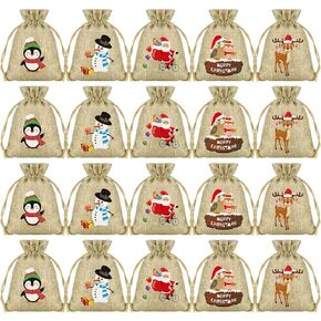 KUUQA 50Pcs Christmas Gift Bags Burlap Christmas Drawstring Bags Small Christmas Jute Goodie Bags Bulk for Christmas Party Supplies