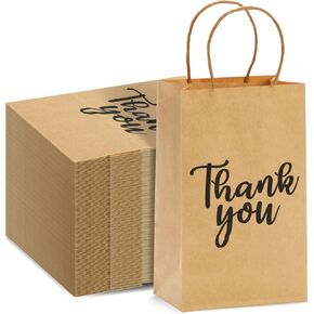 Sparkle and Bash 100 Pack Small Thank You Paper Bags with Handles for Weddings, Birthday Party (9x5.3x3 in)