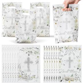 ANGOLIO 50Pcs White Party Favor Bags Summer Sliver Goodie Bags Back to School Gifts Bags Easter Cross God Bless Plastic Birthday Snacks Bags Baptism First Communion Baby Shower Party Supplies for Kids