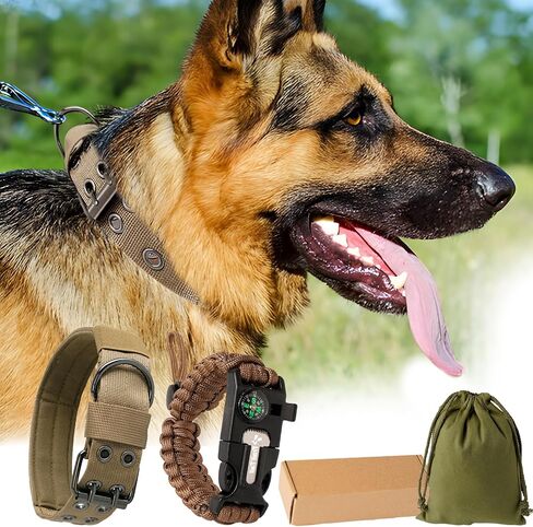 Heavy Duty Dog Collar, Tactical Dog Collar, Thick Dog Collar with Paracord Survival Bracelet, Heavy Duty Metal Buckle and Patches, Suitable German Shepherd, Pitbull, Rottweiler (Brown, XL) in Kuwait