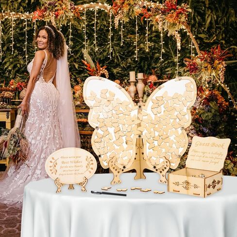 Wooden Wedding Guest Sign in Butterfly Frame Personalized Wedding Guest Book Alternative for Reception Ceremony Party, with Wooden Drop Box 80pcs Butterflies Guest Signing Directing Table Sign Pen in Kuwait