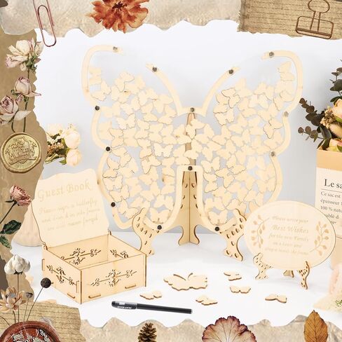 Wooden Wedding Guest Sign in Butterfly Frame Personalized Wedding Guest Book Alternative for Reception Ceremony Party, with Wooden Drop Box 80pcs Butterflies Guest Signing Directing Table Sign Pen in Kuwait