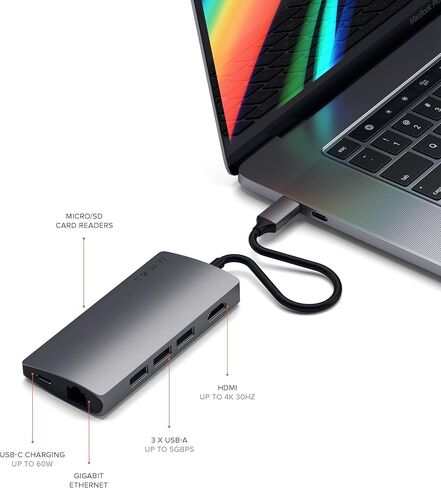 Satechi USB C Hub Multiport Adapter V3, 8 in 1 USB C Dongle with 8K HDMI, 85W USB-C PD Charging, 4 USB-C Data Ports, Ethernet, SD Card Reader for Mac, Windows - Space Gray in Saudi Arabia