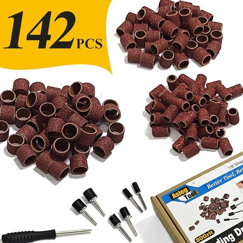 مجموعة طبلة الصنفرة من Asieg، 142 قطعة، 180 حبيبة، 1/2 بوصة و3/8 بوصة و1/4 بوصة شريط سنفرة للطبل مع 3.17 مم مماسك عرقوب للحفر أدوات دوارة دريمل مثقاب الأظافر in Kuwait