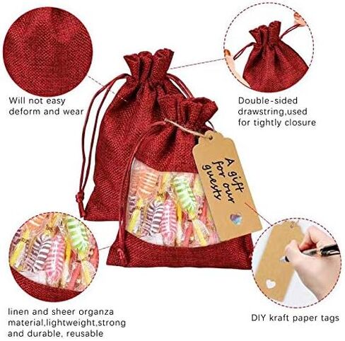 GIOIPC 50Pcs 5 x 7 Inch Linen Burlap Sheer Bags with Drawstring and Bonus Gift Tags for for Wedding Birthday Bag,Craft Bags,Cosmetic Samples in Saudi Arabia