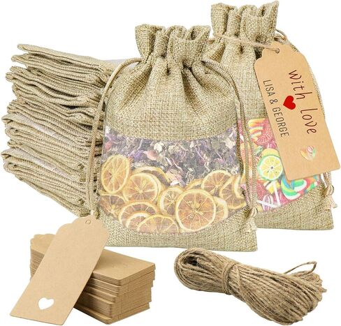 GIOIPC 50Pcs 5 x 7 Inch Linen Burlap Sheer Bags with Drawstring and Bonus Gift Tags for for Wedding Birthday Bag,Craft Bags,Cosmetic Samples in Saudi Arabia