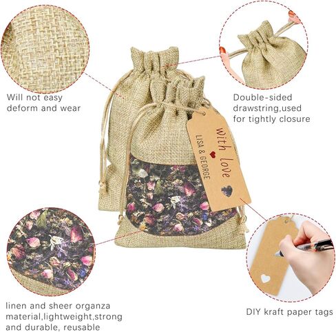 GIOIPC 50Pcs 5 x 7 Inch Linen Burlap Sheer Bags with Drawstring and Bonus Gift Tags for for Wedding Birthday Bag,Craft Bags,Cosmetic Samples in Saudi Arabia