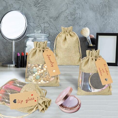 GIOIPC 50Pcs 5 x 7 Inch Linen Burlap Sheer Bags with Drawstring and Bonus Gift Tags for for Wedding Birthday Bag,Craft Bags,Cosmetic Samples in Saudi Arabia