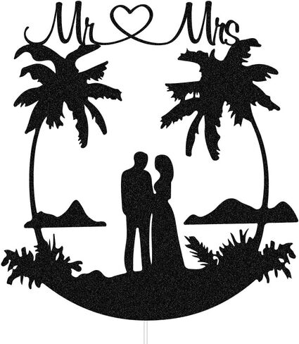 السيد والسيدة كعكة توبر الاستوائية كعكة الزفاف الزينة شجرة النخيل هاواي شاطئ حفل زفاف لوازم العروس والعريس السفر كعكة القبعات العالية الأسود بريق in Kuwait