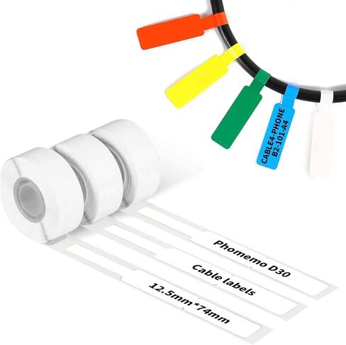 Phomemo D30 Thermal Cable Labels Waterproof Wire Cord Labels, (12.5mm X 74mm) 65 Labels/Roll, Tags Stickers Tear Resistant Flexible, Phomemo d30 Label Tape -Black on White Paper, 3 Roll in Saudi Arabia