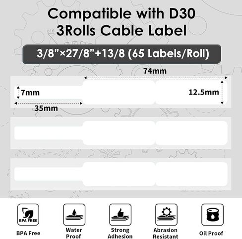 Phomemo D30 Thermal Cable Labels Waterproof Wire Cord Labels, (12.5mm X 74mm) 65 Labels/Roll, Tags Stickers Tear Resistant Flexible, Phomemo d30 Label Tape -Black on White Paper, 3 Roll in Saudi Arabia