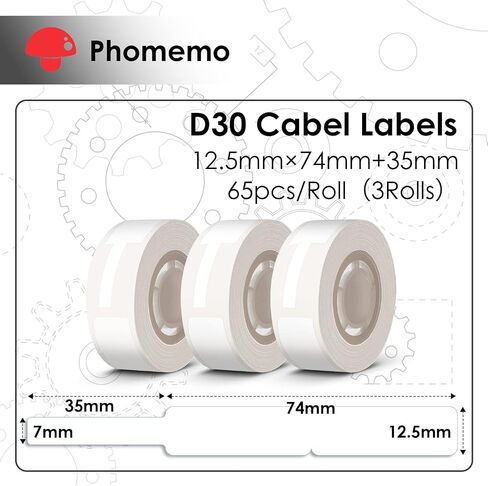 Phomemo D30 Thermal Cable Labels Waterproof Wire Cord Labels, (12.5mm X 74mm) 65 Labels/Roll, Tags Stickers Tear Resistant Flexible, Phomemo d30 Label Tape -Black on White Paper, 3 Roll in Saudi Arabia