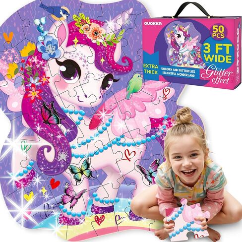 QUOKKA Glitter Giant Floor Puzzles for Kids Ages 3-5 - 2x3 Feet 48 Piece Puzzles for Toddlers 2-4 - Large Shaped Educational Toddler Puzzles Ages 24+ Months - Unicorn Activity Game for Boys and Girls in Saudi Arabia
