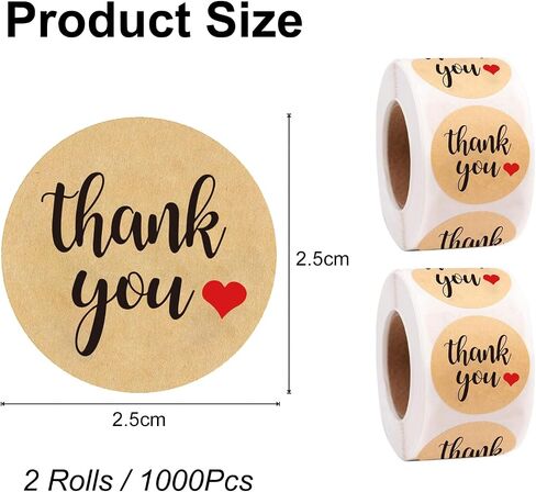 2 Rolls/1000Pcs Thank You Stickers Self Adhesive Kraft Paper Label Stickers for Gift Wrapping Baking Wedding Birthday Party Christmas, 25mm in Saudi Arabia