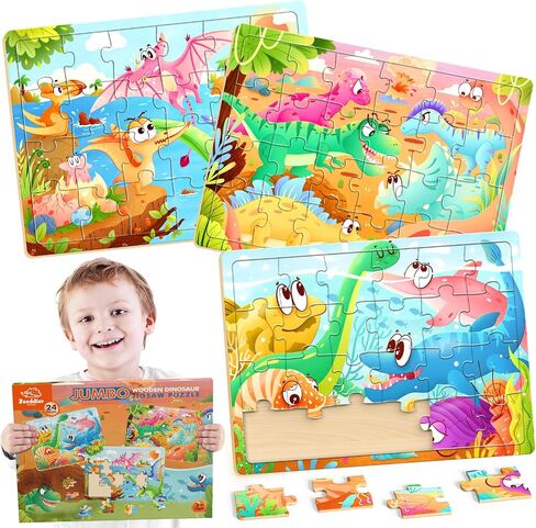Jumbo Wooden Puzzles for Toddlers, 24 Pieces Dinosaur Jigsaw Puzzles for Kids3-5, 3 Pack Preschool Learning Activities, Learning & Educational Puzzles, Gift for Boys, Girls in Saudi Arabia