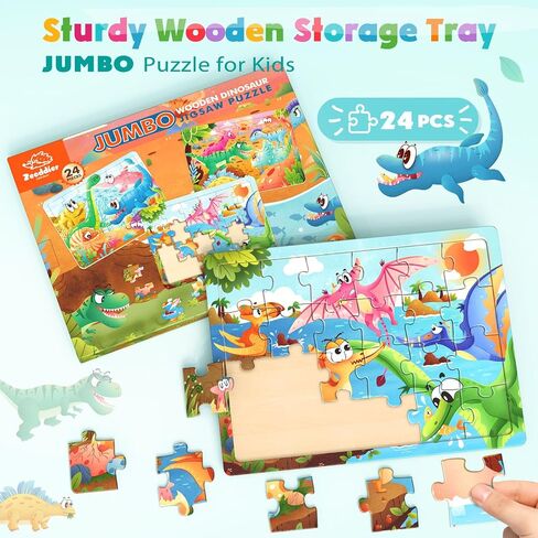 Jumbo Wooden Puzzles for Toddlers, 24 Pieces Dinosaur Jigsaw Puzzles for Kids3-5, 3 Pack Preschool Learning Activities, Learning & Educational Puzzles, Gift for Boys, Girls in Saudi Arabia