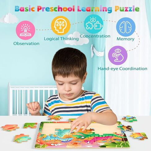 Jumbo Wooden Puzzles for Toddlers, 24 Pieces Dinosaur Jigsaw Puzzles for Kids3-5, 3 Pack Preschool Learning Activities, Learning & Educational Puzzles, Gift for Boys, Girls in Saudi Arabia