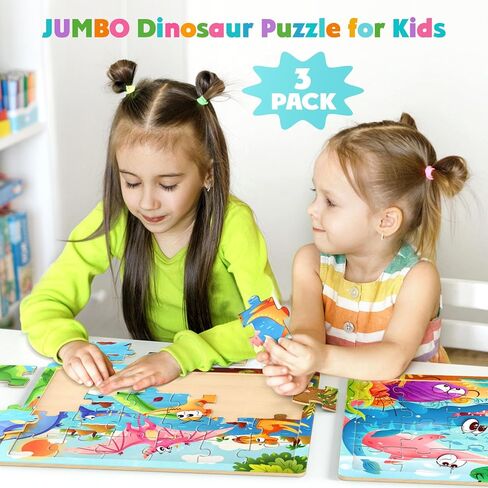Jumbo Wooden Puzzles for Toddlers, 24 Pieces Dinosaur Jigsaw Puzzles for Kids3-5, 3 Pack Preschool Learning Activities, Learning & Educational Puzzles, Gift for Boys, Girls in Saudi Arabia