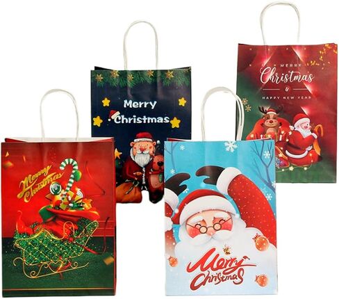 جيفلون 12 قطعة من أكياس هدايا عيد الميلاد بمقابض، وأكياس هدايا عيد الميلاد، وأكياس ورق كرافت بمقابض قوية، ومطبوعات عيد الميلاد المتنوعة لتفضلات الحفلات، والحلويات، والحلوى، والهدايا، والمكافآت in Kuwait