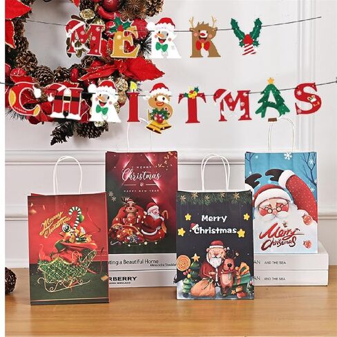 جيفلون 12 قطعة من أكياس هدايا عيد الميلاد بمقابض، وأكياس هدايا عيد الميلاد، وأكياس ورق كرافت بمقابض قوية، ومطبوعات عيد الميلاد المتنوعة لتفضلات الحفلات، والحلويات، والحلوى، والهدايا، والمكافآت in Kuwait