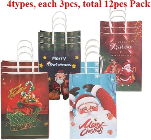 جيفلون 12 قطعة من أكياس هدايا عيد الميلاد بمقابض، وأكياس هدايا عيد الميلاد، وأكياس ورق كرافت بمقابض قوية، ومطبوعات عيد الميلاد المتنوعة لتفضلات الحفلات، والحلويات، والحلوى، والهدايا، والمكافآت in Kuwait