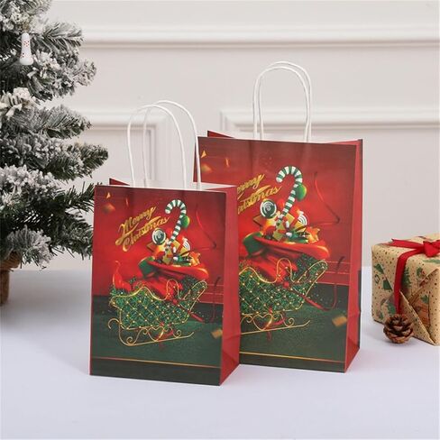 جيفلون 12 قطعة من أكياس هدايا عيد الميلاد بمقابض، وأكياس هدايا عيد الميلاد، وأكياس ورق كرافت بمقابض قوية، ومطبوعات عيد الميلاد المتنوعة لتفضلات الحفلات، والحلويات، والحلوى، والهدايا، والمكافآت in Kuwait