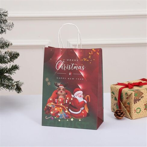 جيفلون 12 قطعة من أكياس هدايا عيد الميلاد بمقابض، وأكياس هدايا عيد الميلاد، وأكياس ورق كرافت بمقابض قوية، ومطبوعات عيد الميلاد المتنوعة لتفضلات الحفلات، والحلويات، والحلوى، والهدايا، والمكافآت in Kuwait