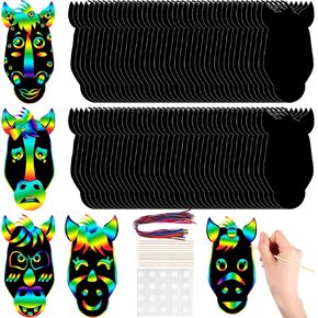 Hungdao 80 Pcs Horse Craft for Kids Horse Face Scratch Cards Colorful Rainbow Western Cowboy Scratch Paper Art with Wooden Stylus for Western Theme Birthday Party Classroom DIY Activities
