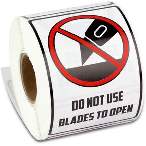 600 Do Not Use Blades to Open Stickers - 2 x 3 inch, Do Not Use Sharp Obejcts Labels - Warning Instructio with Strong Adhesive - 2 Rolls of 300 Labels