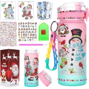 Soleebee Decorate Your Own Water Bottle Kits for Christmas Diamond Santa Claus Snowman Painting Crafts Water Bottle with Keychain