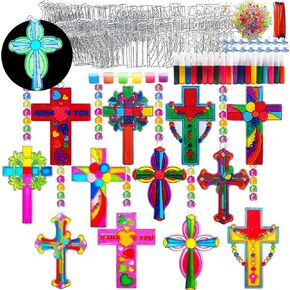 Ayhuhra 30 Sets Religious Cross Suncatchers Crafts Kits DIY Glow in The Dark Window Paint Art Stained Glass Cross Sun Catcher for Jesus Sunday School VBS Crafts Christmas Easter Holiday Activities