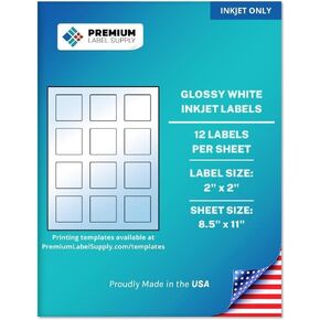 Premium Label Supply Glossy White Sticker Square Labels with Bleed – 2" x 2" – (12 per Sheet) (Glossy White for Inkjet Only, 120 Labels)