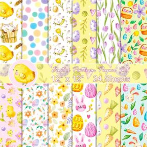 24 Sheets Easter Pattern Paper Set, 12"x12" Patterned Cardstock Paper Scrapbooking Supplies Paper Rabbit Carrot Easter Egg Origami Paper - 12 Styles