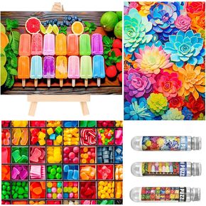 Small Jigsaw Puzzles for Adults 150 Pieces Colorful Candy Ice Pop Succulent Mini Jigsaw Puzzles Challenging Mini Puzzles Tiny Jigsaw Puzzles 6 x 4 Inches, 3 Pcs,Mini Easel Included