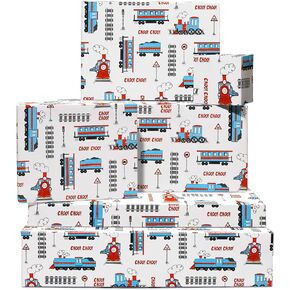 CENTRAL 23 Train Wrapping Paper For Boys - 6 White Gift Wrap Sheets & Tags - Vintage Trains Tracks - Gifts For Kids Baby Boy Men - Comes With Stickers - Recyclable Christmas Wrapping Paper Sheets