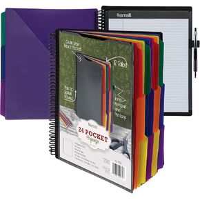 Samsill Deluxe 24 Pocket Spiral Project Organizer with Refillable Notepad Holder, Customizable Front Cover, 12 Dividers with Erasable Write-On Tabs in Fashion Colors, Plastic Folders with Pockets