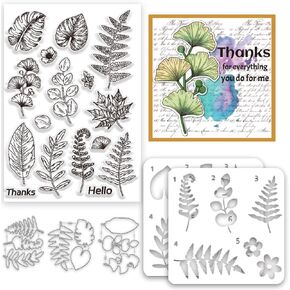 INFUNLY Leaves Stamp and Dies Ginkgo Painting Stencils A4 Size Tropical Plants Clear Stamps and Cutting Die Palm Leaves Hollow Painting Stencil Set for DIY Card Making Scrapbooking Craft Home Decor